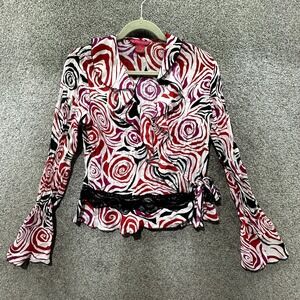 Y2k Sunny Leigh Button Wrap Blouse Top Women Medium Flare Sleeve Ruffle V Neck